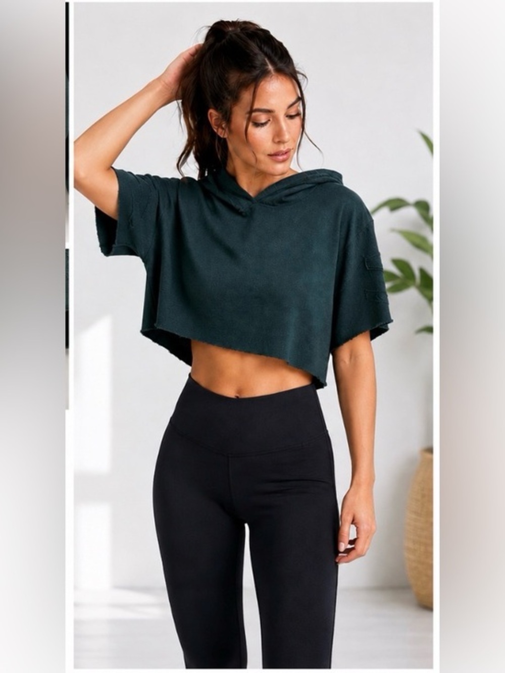 Cropped Hooded Short Sleeve Top in Dark Teal XS